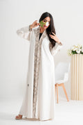NY-86 - WHITE ABAYA WITH NUDE FRONT AND HAND FANCY DESIGN CLOTH (CUBRA)