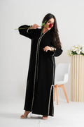 NY-83 - BLACK ABAYA WITH FRONT AND HAND BEIJ HANDWORK (BARBIE)